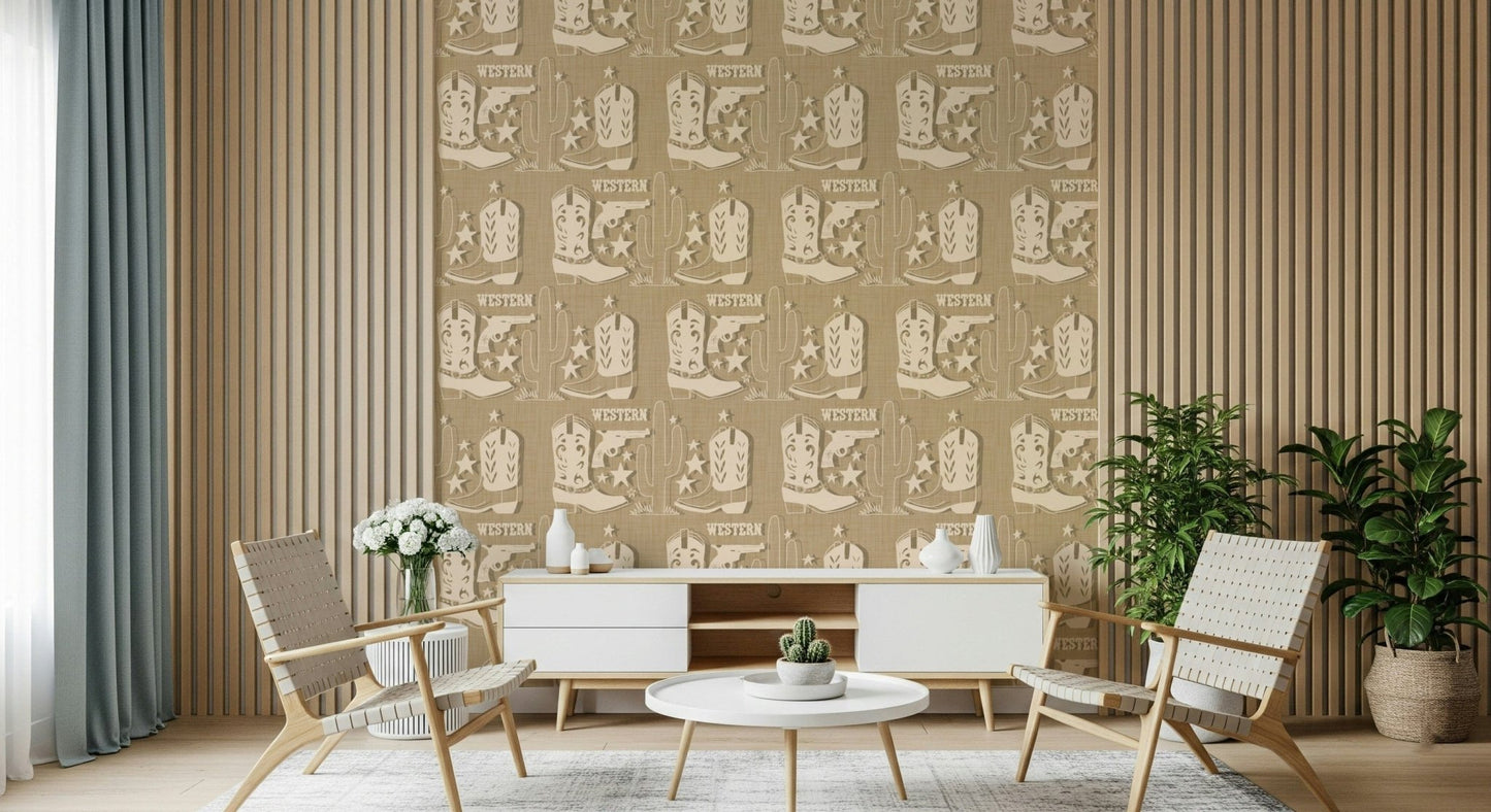 Western Dream wallpaper mural with cowboy boot illustrations and desert-inspired graphics.