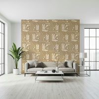 Vintage Western wallpaper featuring sketched cacti, stars, and cowboy gear on a warm brown backdrop.