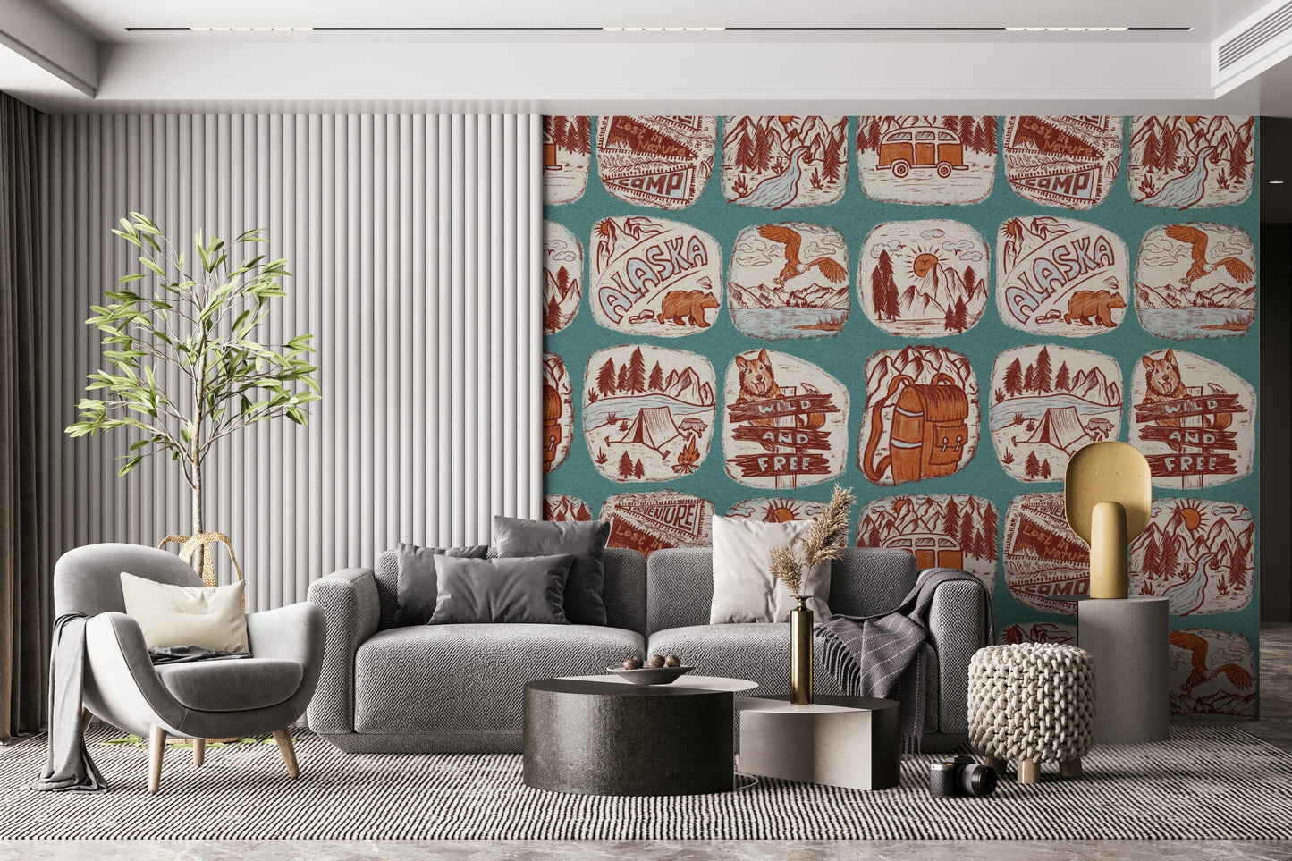 Monochrome wilderness wallpaper featuring line-drawn natural landscapes.