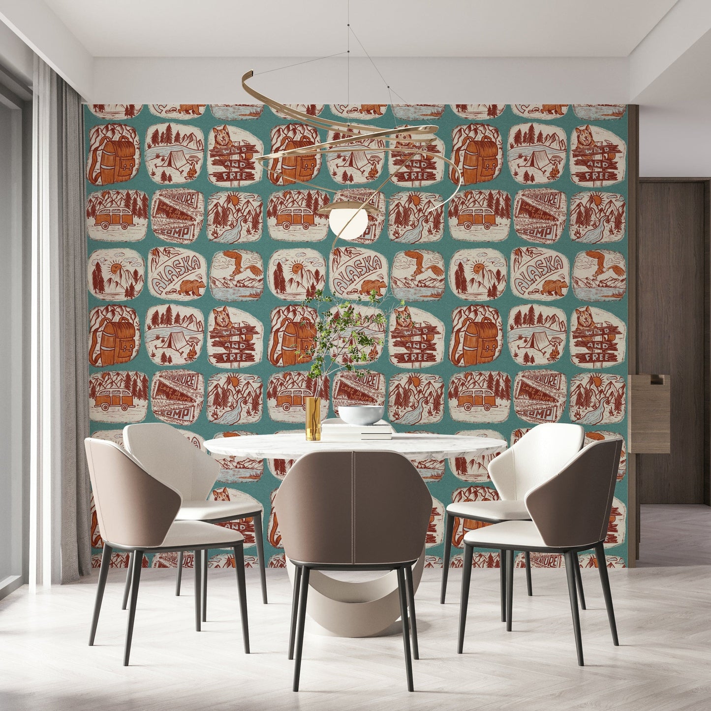 Detailed sketchbook wallpaper mural depicting forest plants, animals, and rustic scenery.