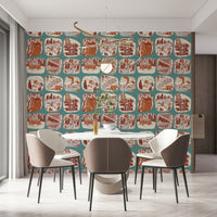 Detailed sketchbook wallpaper mural depicting forest plants, animals, and rustic scenery.