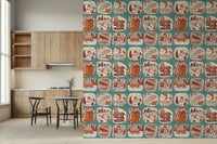 Nature-inspired sketchbook wallpaper mural with forest creatures and botanical sketches.