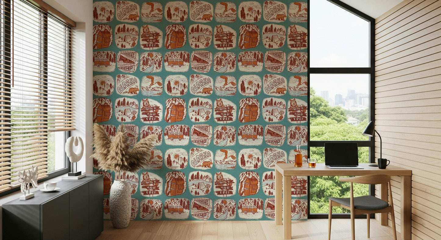 Rustic wilderness wallpaper showcasing pencil-style drawings of outdoor scenery.