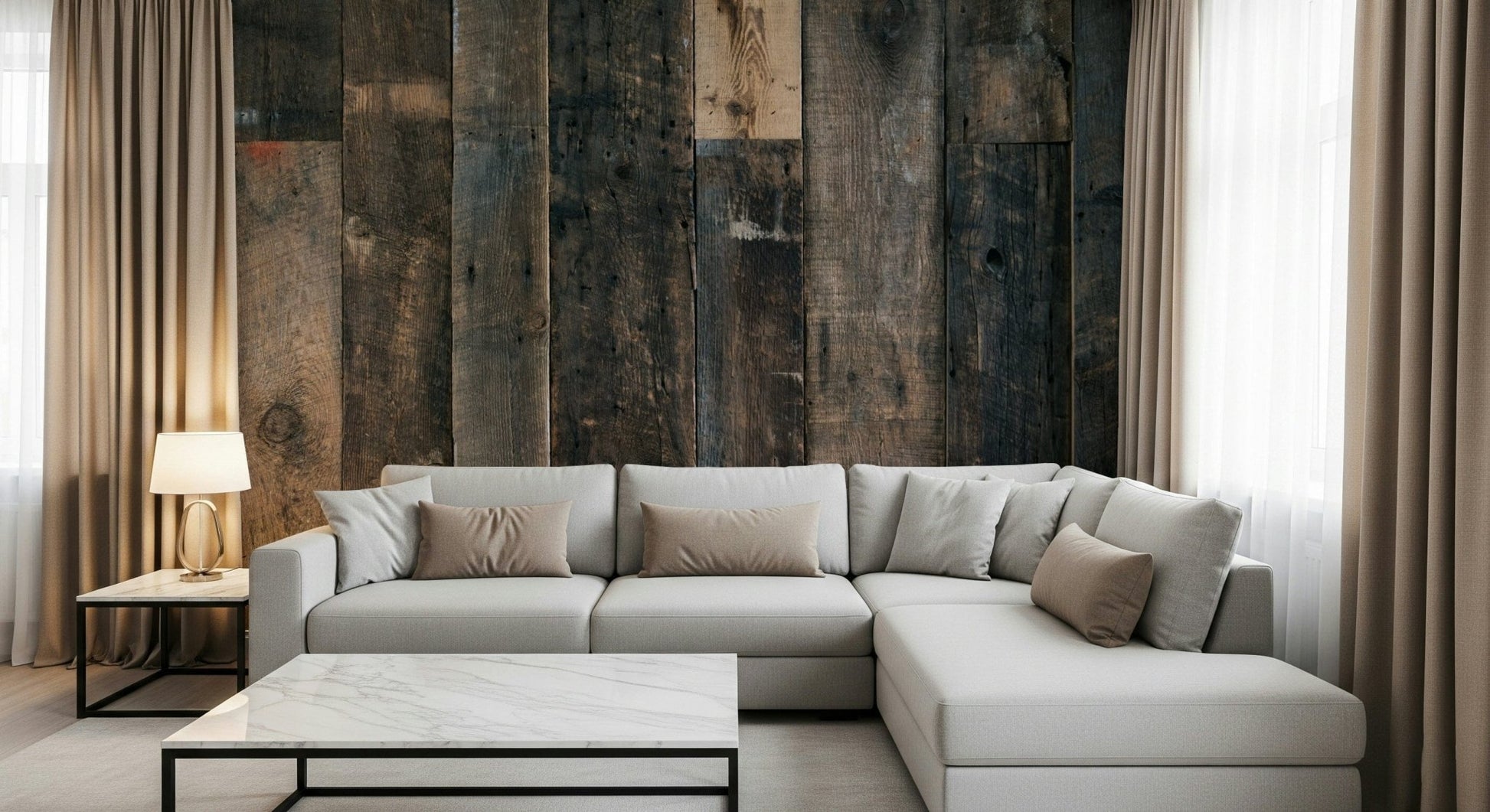 Textured wall mural with layered rustic wood panels adding charm and natural warmth to living spaces.