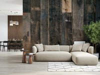 Rustic wood plank wallpaper mural adding depth, texture, and warmth to modern, farmhouse, or cottage interiors.