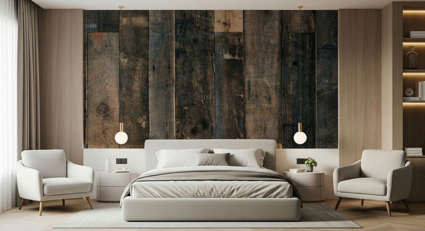 Rustic Wood Plank Charm Wall Mural featuring weathered wooden planks in warm earthy tones for cozy interiors.