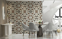 Triangle pattern wood mural with alternating grain directions for a handcrafted aesthetic.