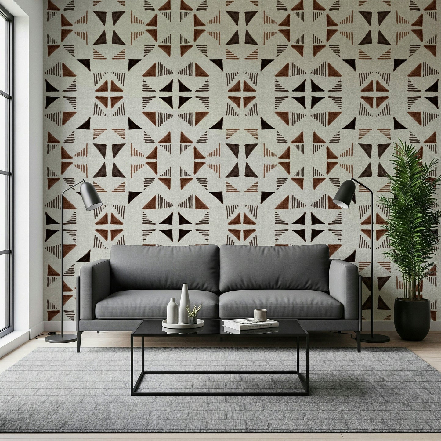Natural wood texture wallpaper arranged in a modern triangle geometry for rustic interiors.