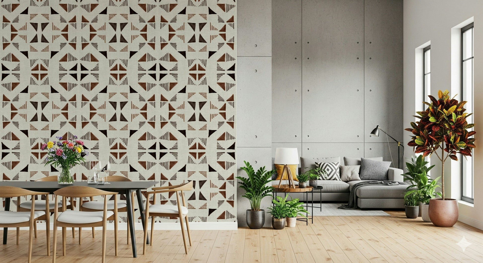 Modern geometric wall mural featuring wooden triangle patterns in warm natural tones.