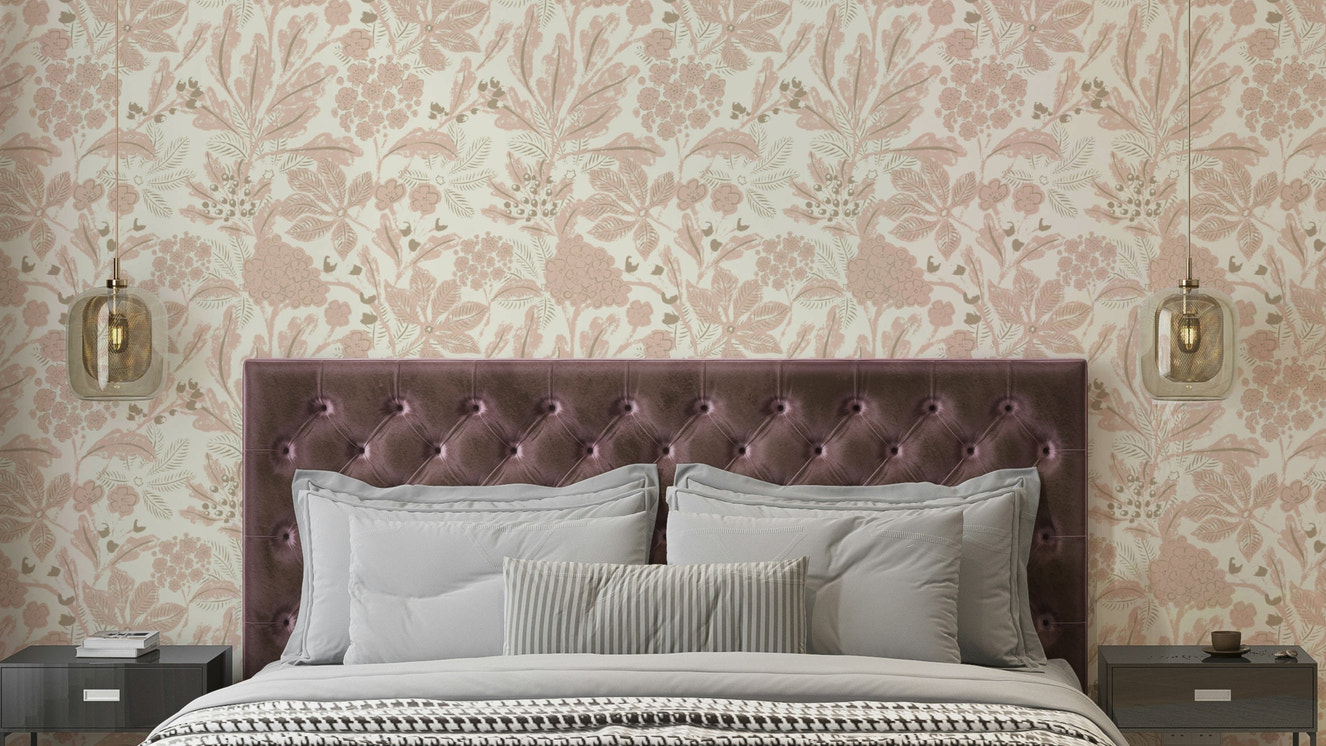 Elegant botanical wallpaper in rusty blush tones

