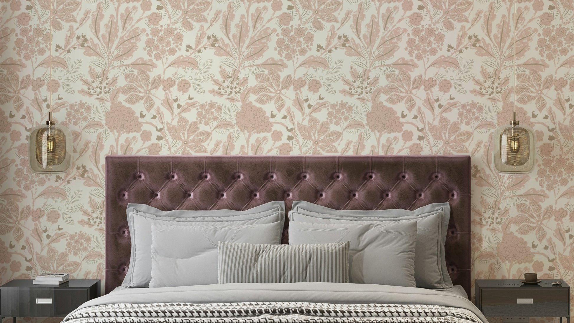 Elegant botanical wallpaper in rusty blush tones

