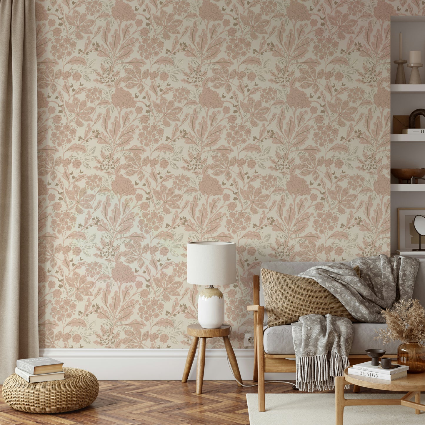 Rusty blush wallpaper adding warmth to interior walls

