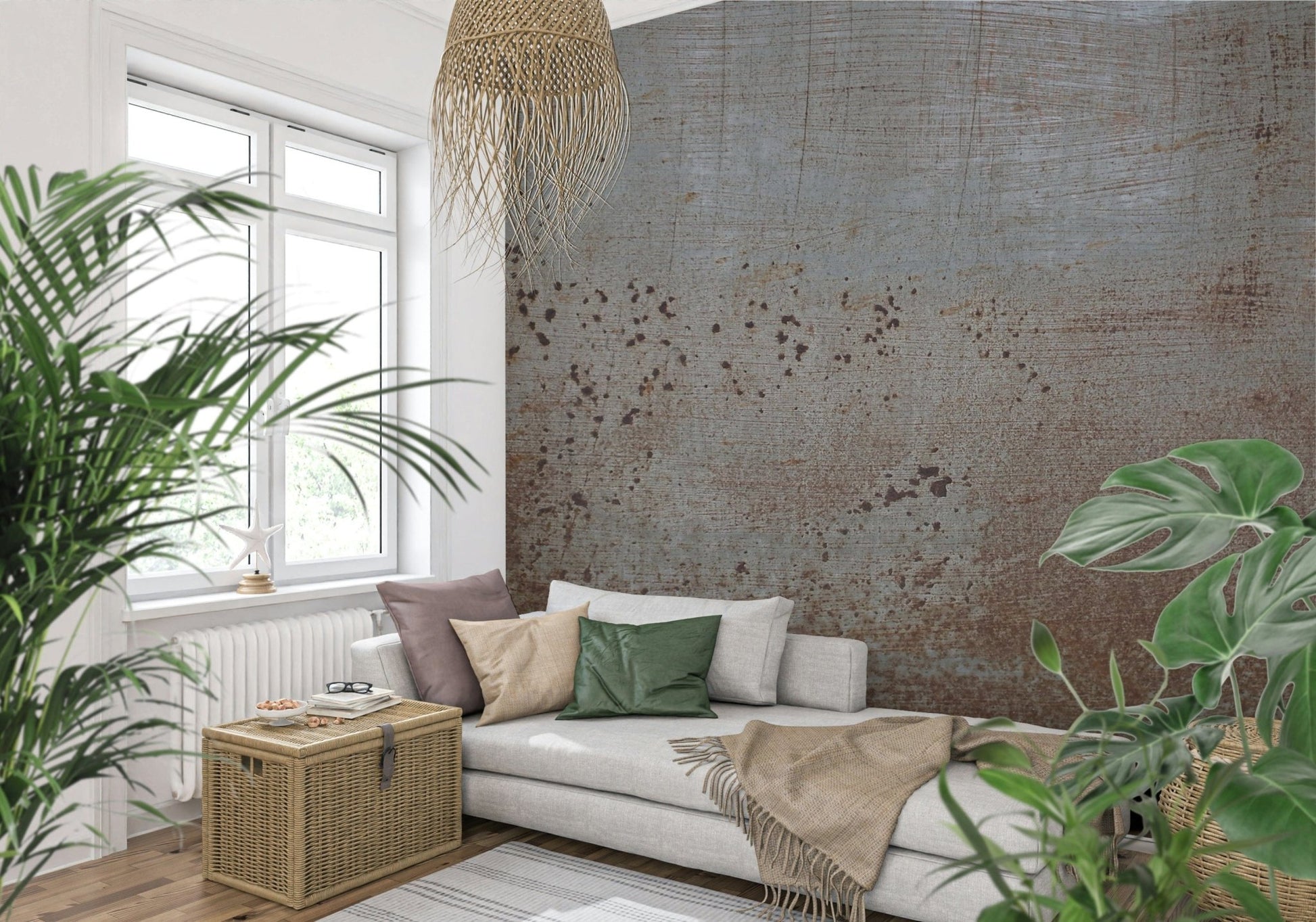 Oxidized steel wall mural with gritty surface detail