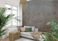Oxidized steel wall mural with gritty surface detail