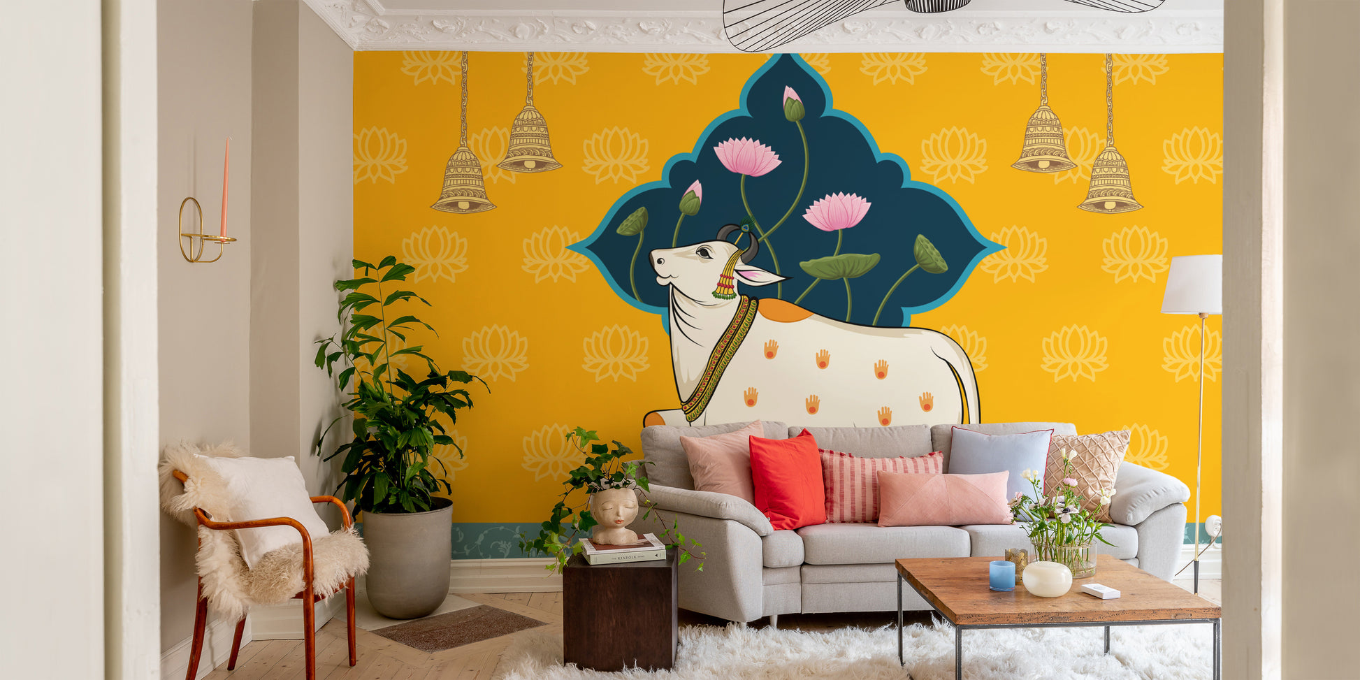 Holy cow Indian artwork with teal blue background
