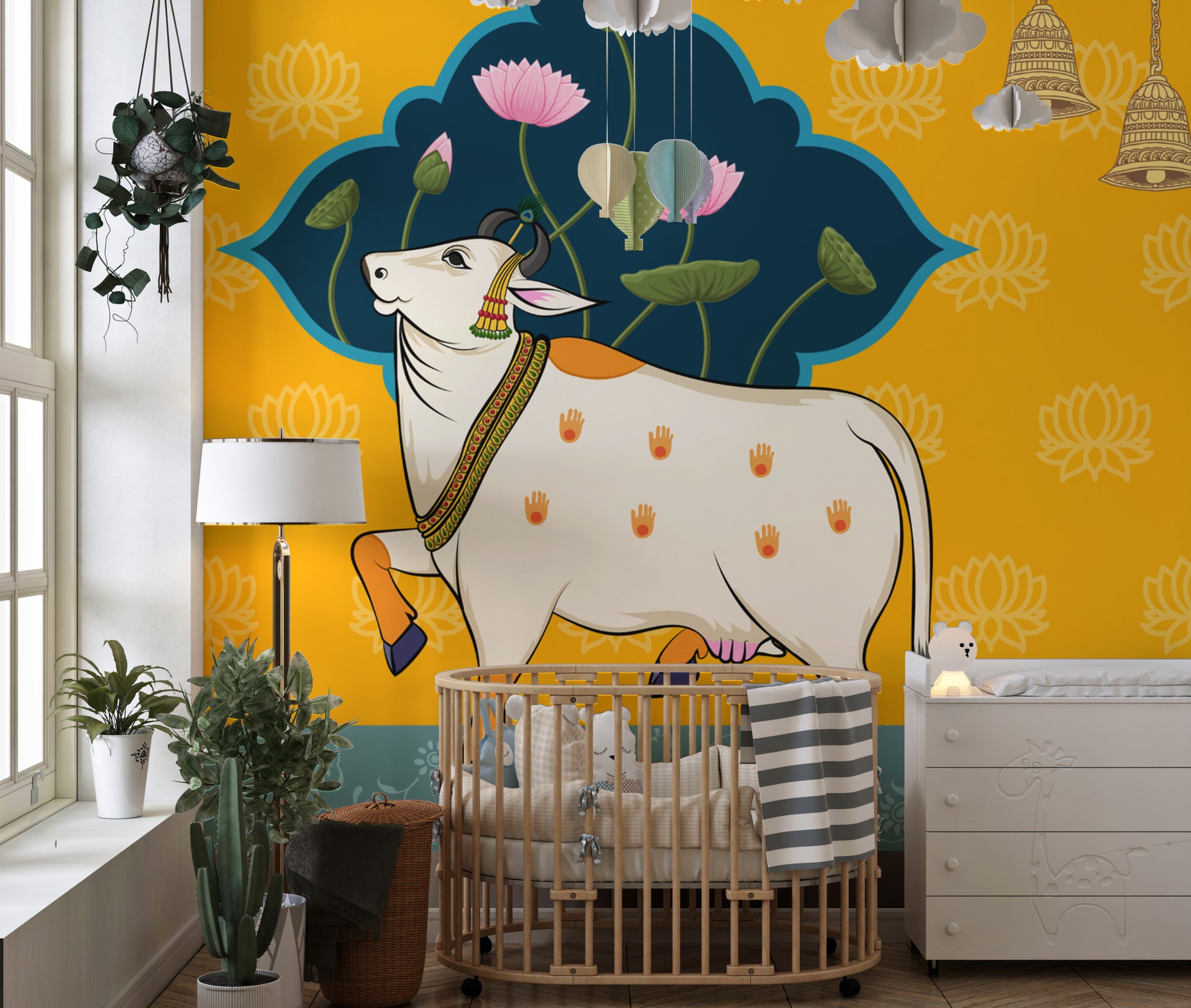 Spiritual cow illustration with traditional motifs
