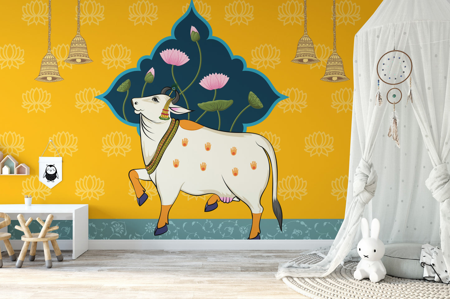 Indian religious cow art with lotus flowers
