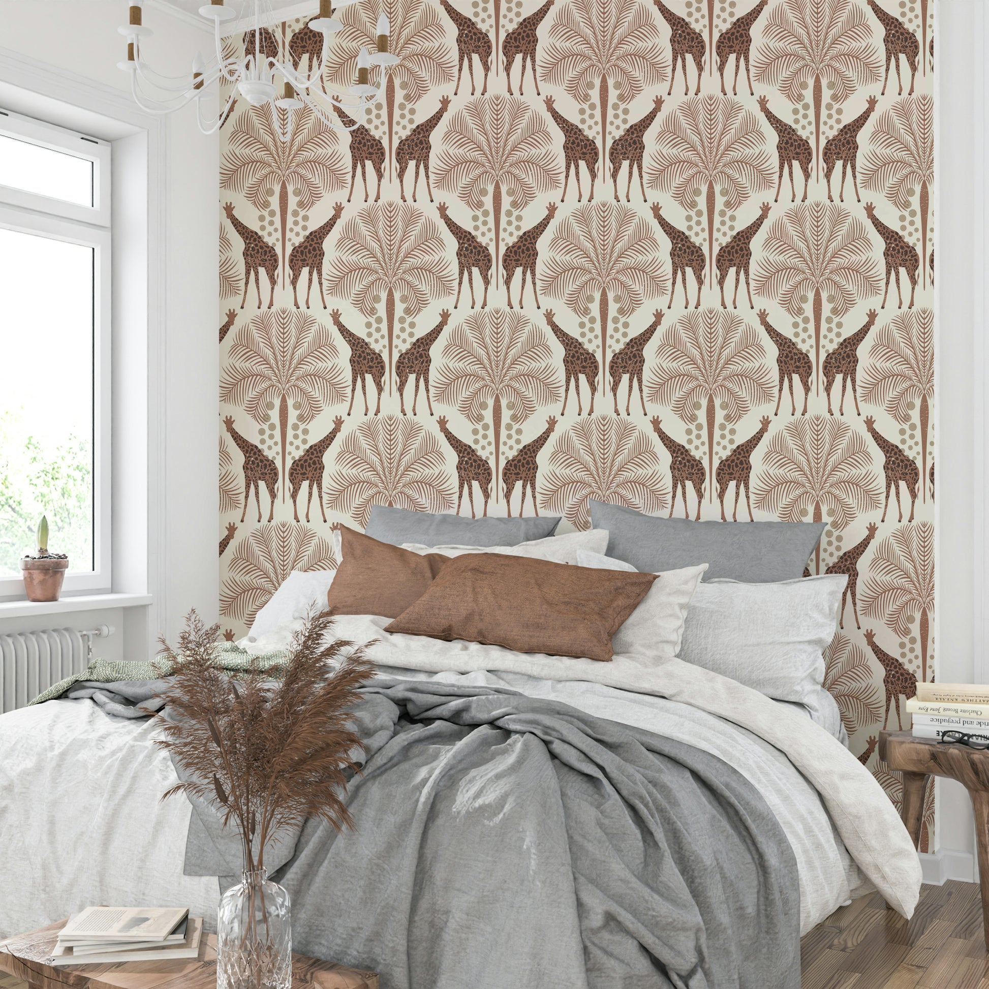 Earthy wallpaper featuring giraffe silhouettes

