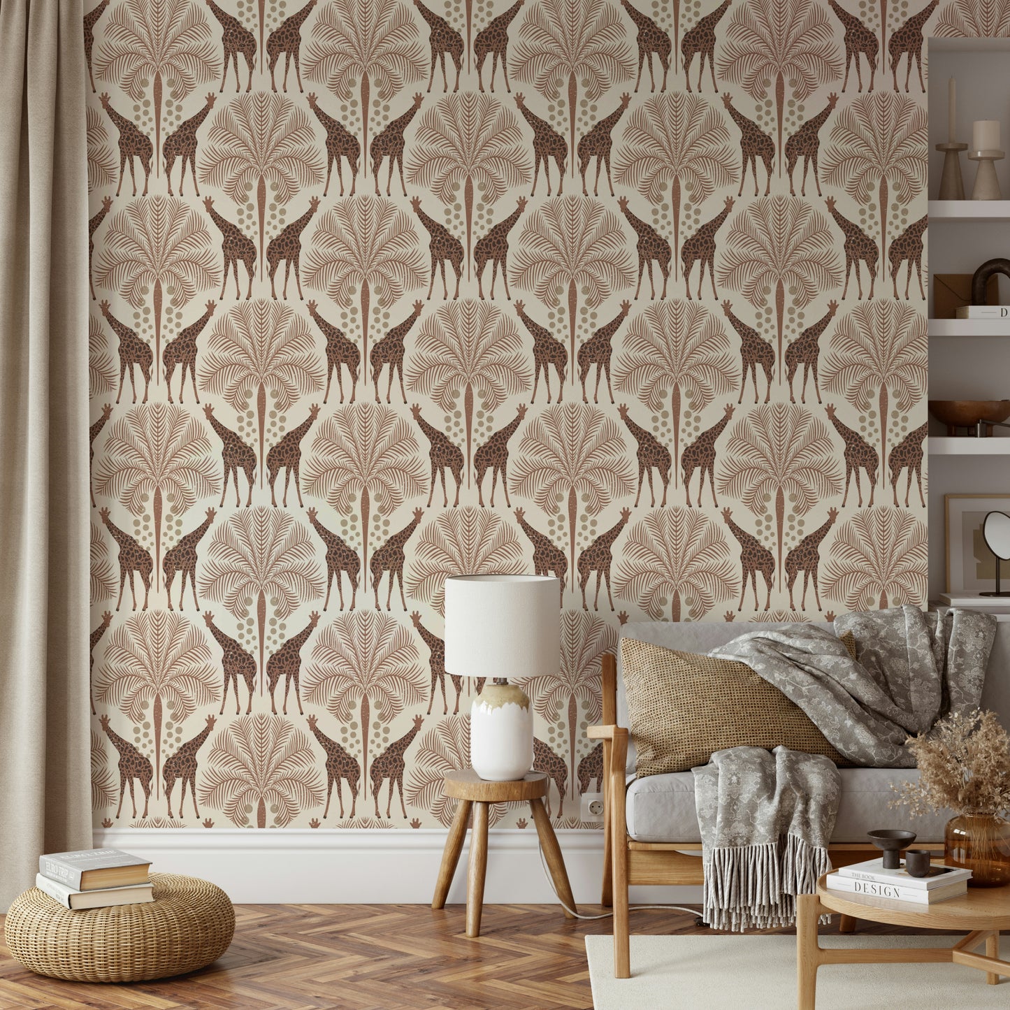 Neutral giraffe wallpaper in soft brown hues

