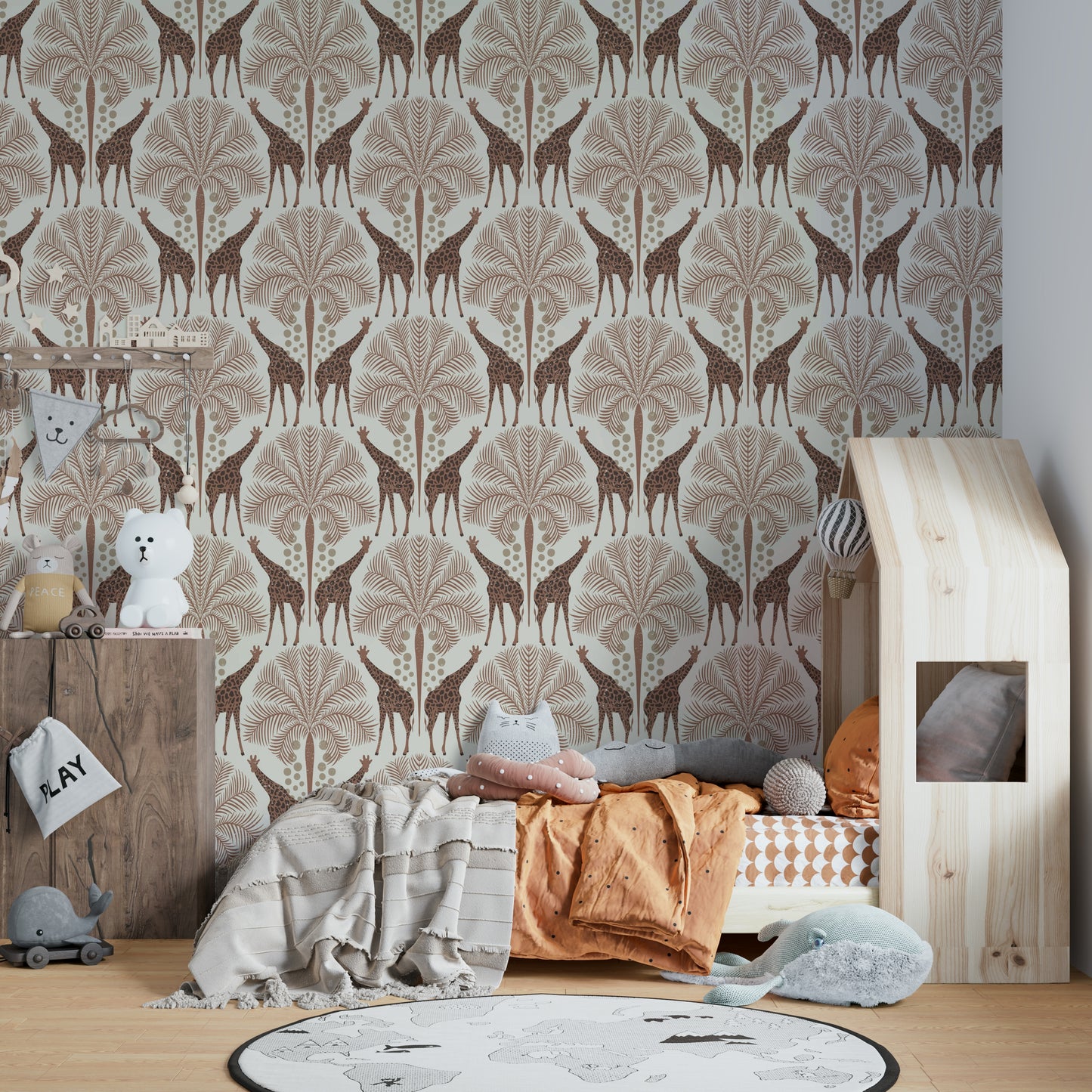 Safari-style wallpaper with giraffes in brown

