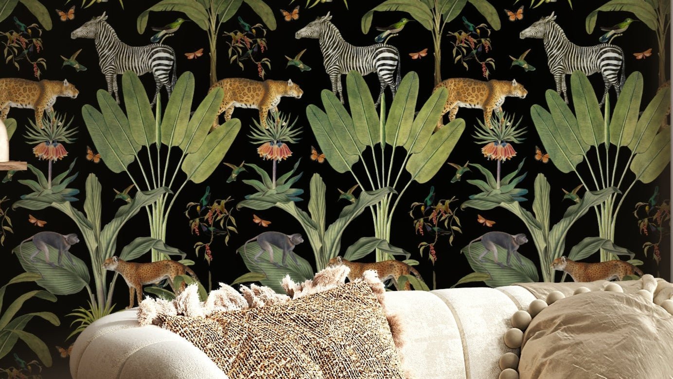 Vintage Safari Animals Wallpaper - Black Botanical Wall Decor