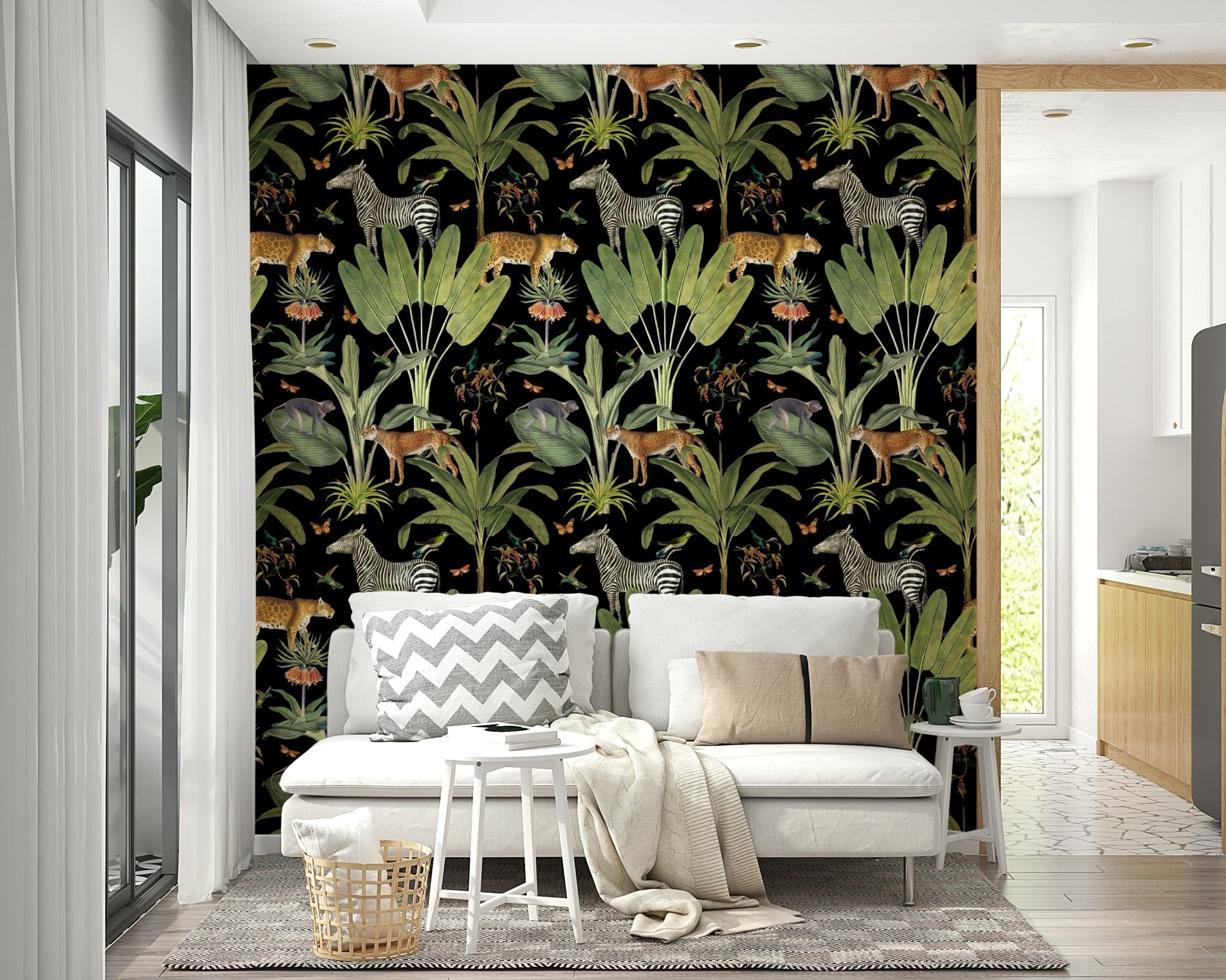 Vintage Safari Animals Wallpaper - Black Botanical Wall Decor