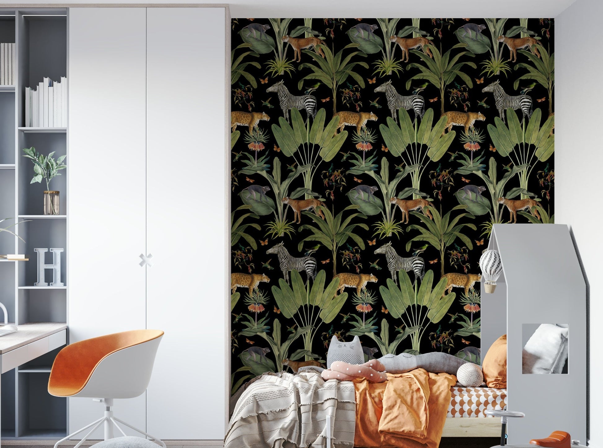 Full view of vintage jungle animal wallpaper

