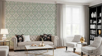 Detailed Sage Bloom Tile Wallpaper with elegant grey line work.