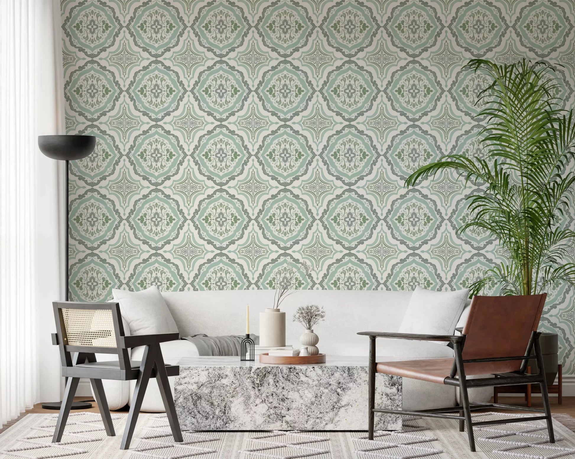 Traditional Sage Bloom Tile Wallpaper in a soft pastel palette.