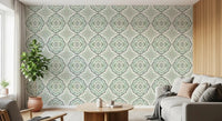 Vintage style Sage Bloom Tile Wallpaper in muted sage and grey for hallway