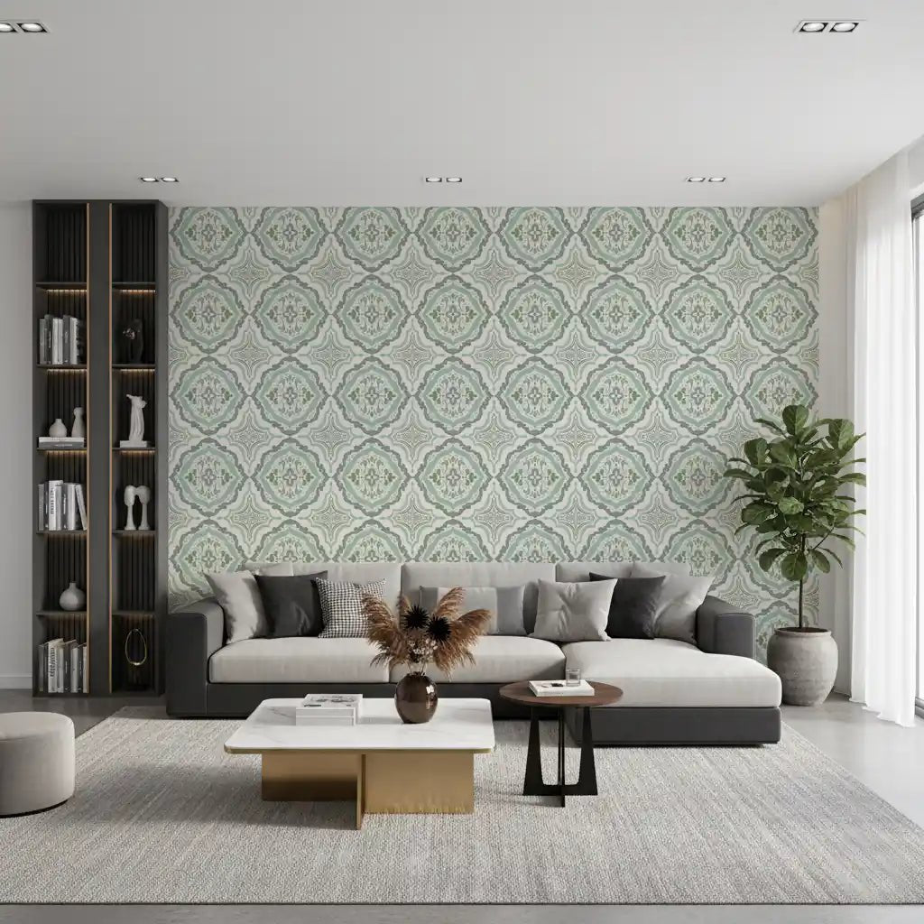 Muted green Sage Bloom Tile Wallpaper with symmetric floral motifs.