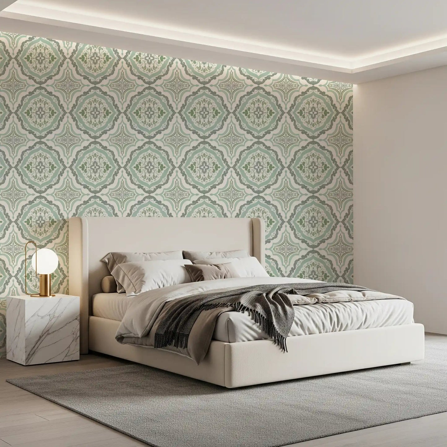 Sage Bloom Tile Wallpaper for sophisticated interior wall decor.