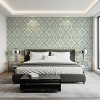 Close up of Sage Bloom Tile Wallpaper showing intricate tile patterns.