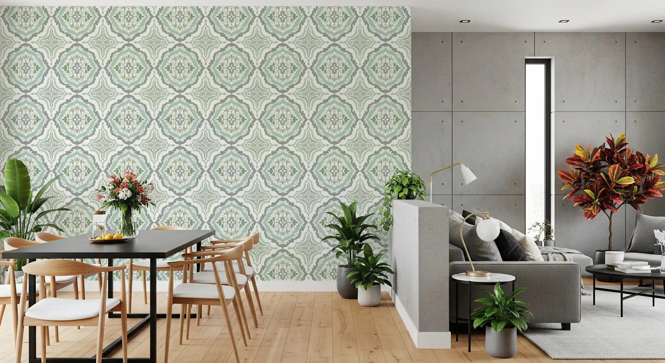 Sage Bloom Tile Wallpaper with soft green botanical patterns for dining room