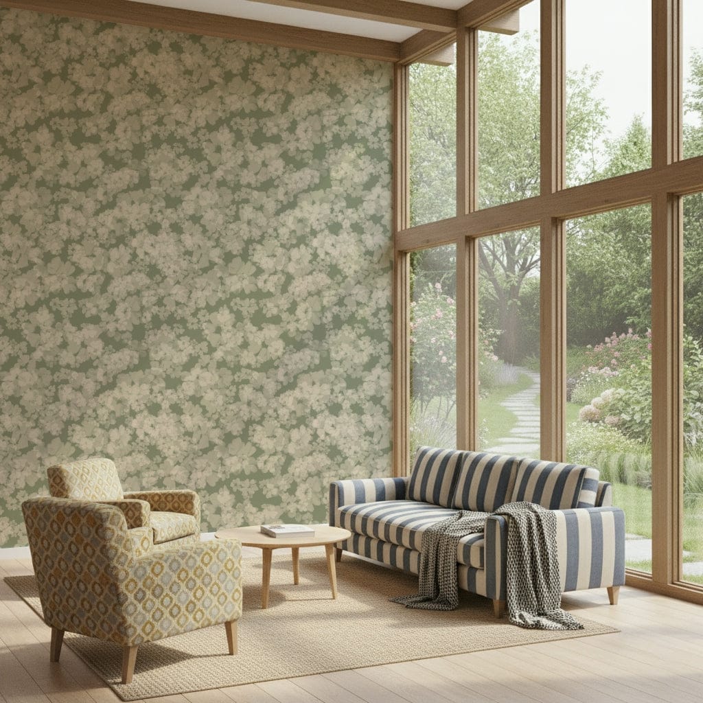 Wide perspective showing Painterly Soft Blossom Wallpaper repeating design.