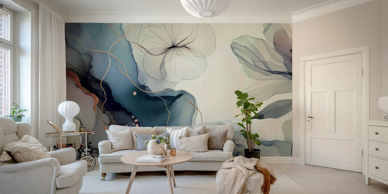 A photo of a Dreamy Sage Garden Blue Wall Mural with plants.
