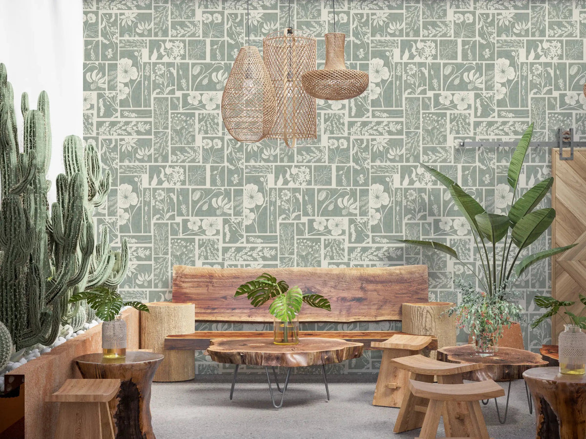 Sage Botanical Collage - Soft Green Floral Wallpaper