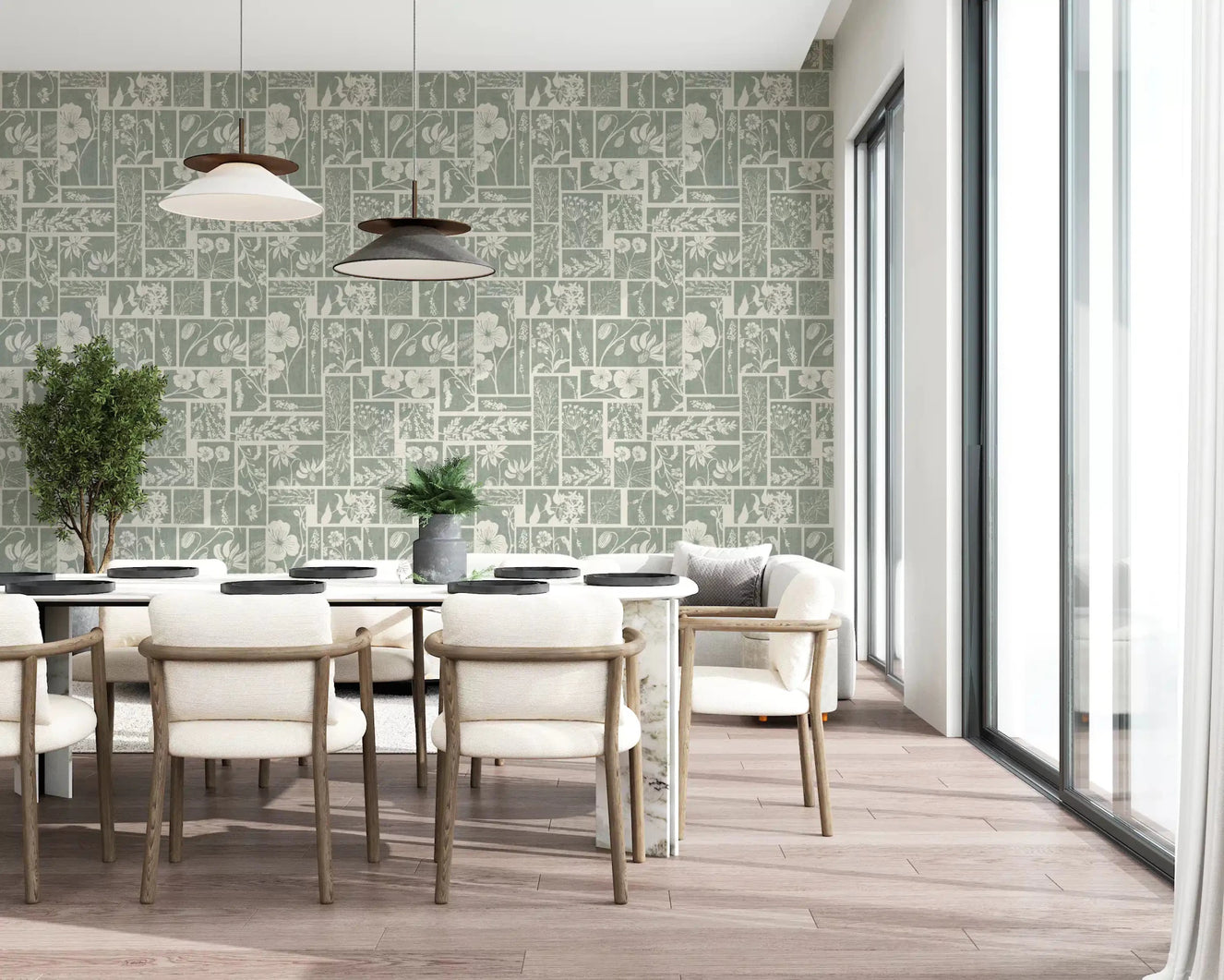 Dining space wallpaper with floral collage pattern