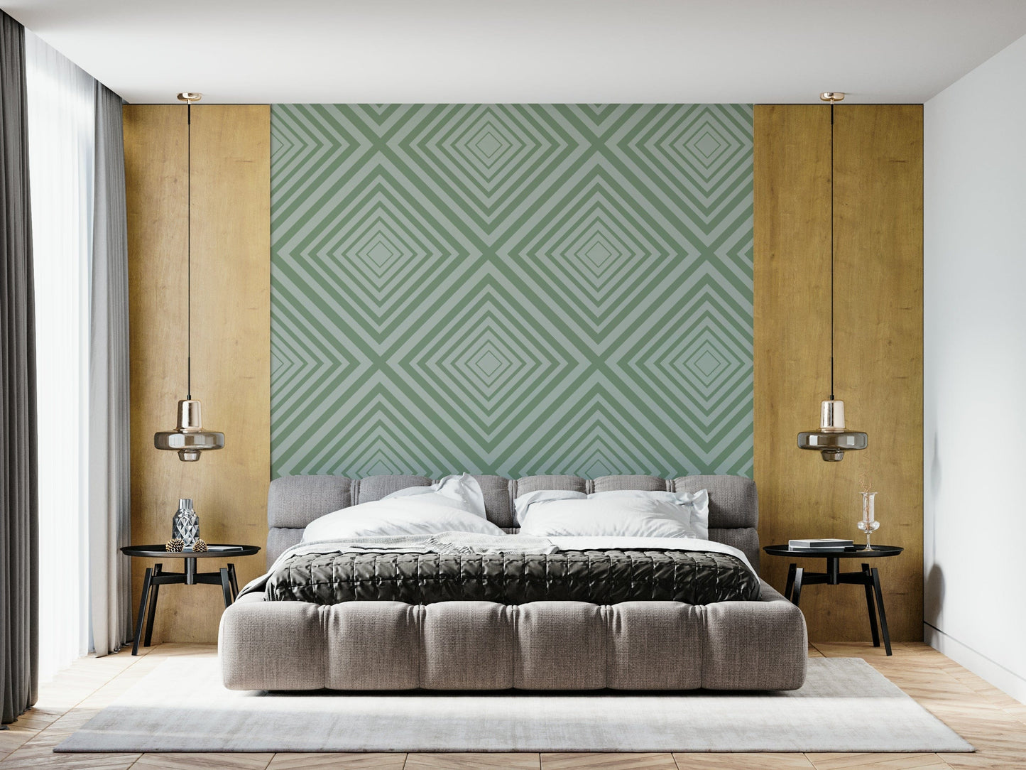 Calming Sage graphic wall mural subtle geometric repeating pattern.