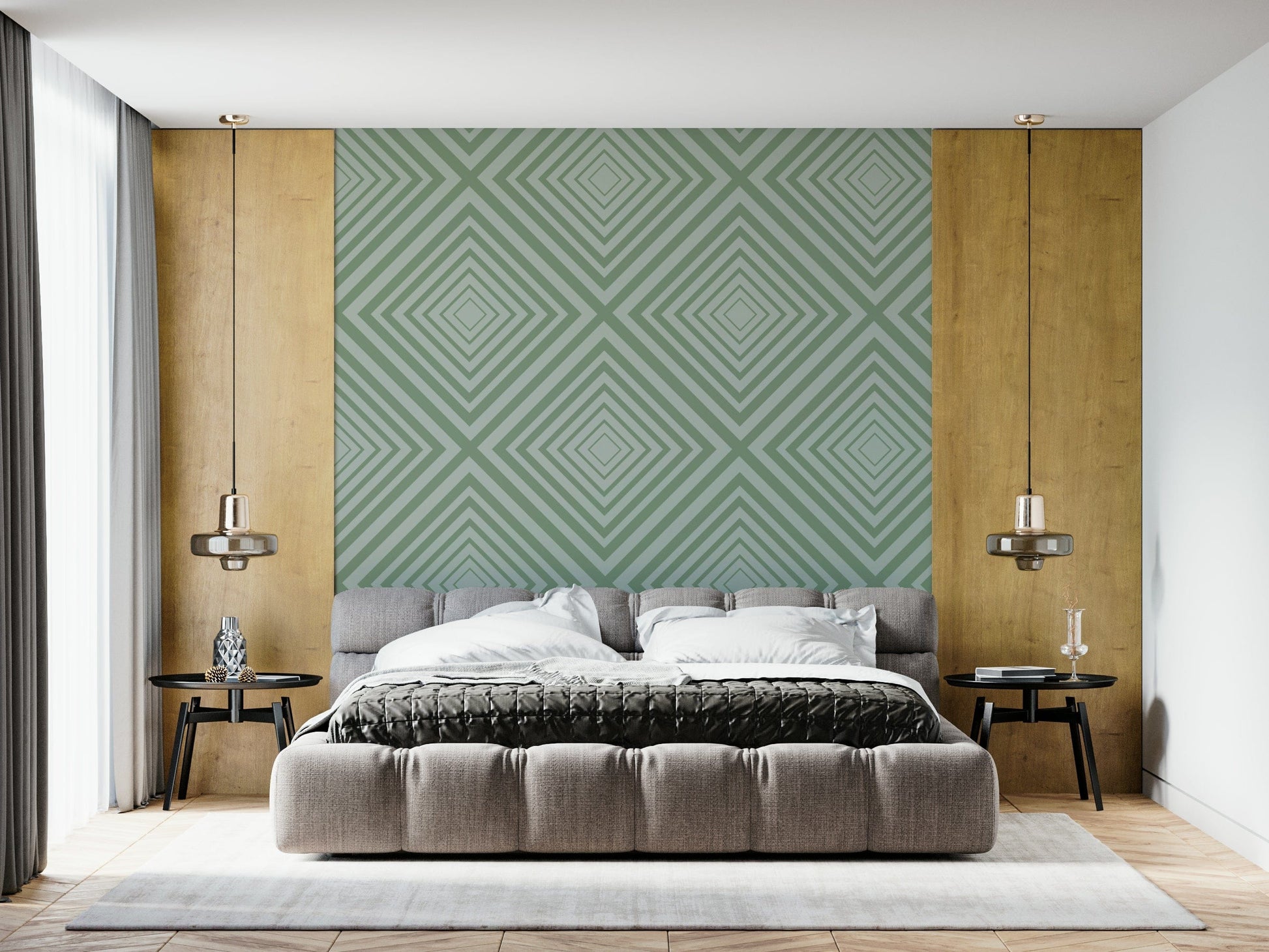 Calming Sage graphic wall mural subtle geometric repeating pattern.