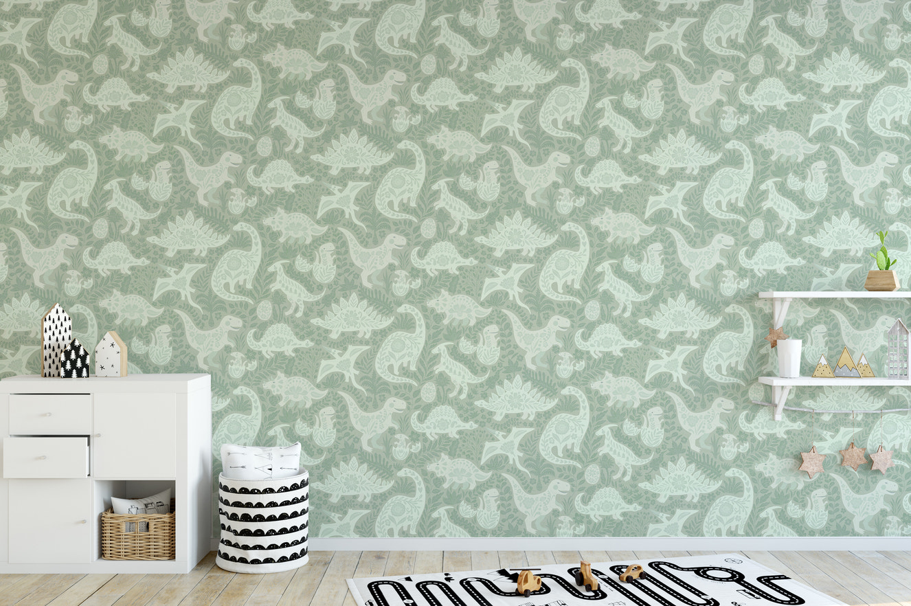 Sage Green Dinosaurs Folk Art Wallpaper⁠