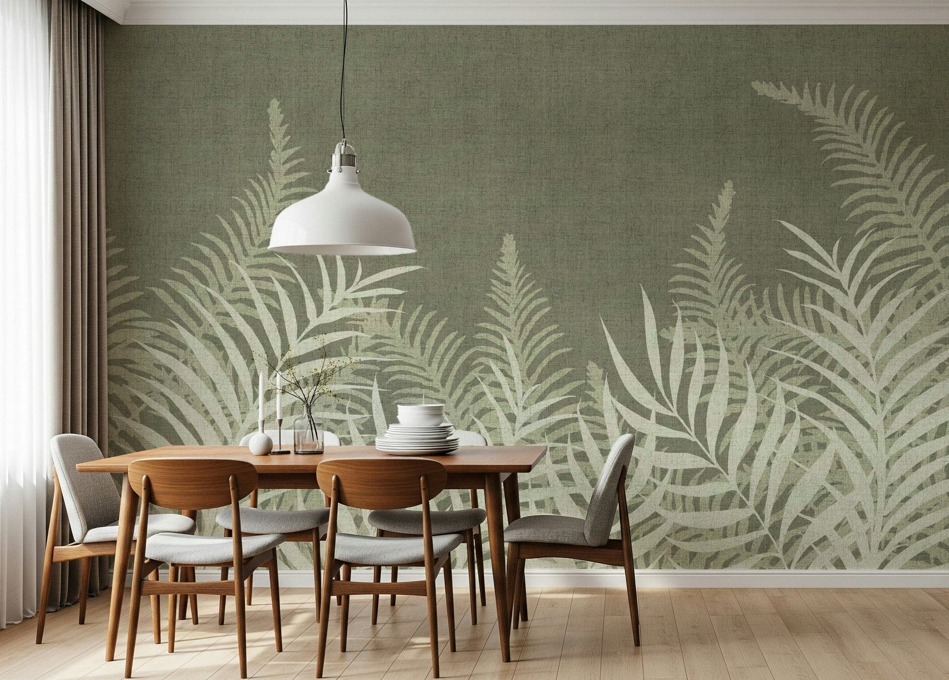 Textured green wall mural, stylish tropical foliage accent piece.