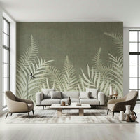 Naturalistic leaf design wallpaper in a refined sage palette.