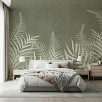 Artistic fern motif wall mural, serene indoor garden atmosphere.