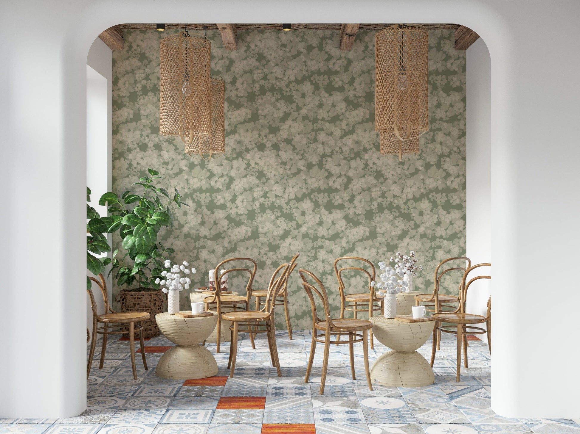 Painterly soft blossoms wall covering, muted green canvas, romantic vintage feel.