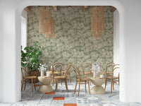 Painterly soft blossoms wall covering, muted green canvas, romantic vintage feel.