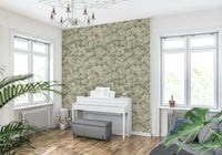 Soft floral pattern, impressionistic style, creamy white blossoms, calming interior.