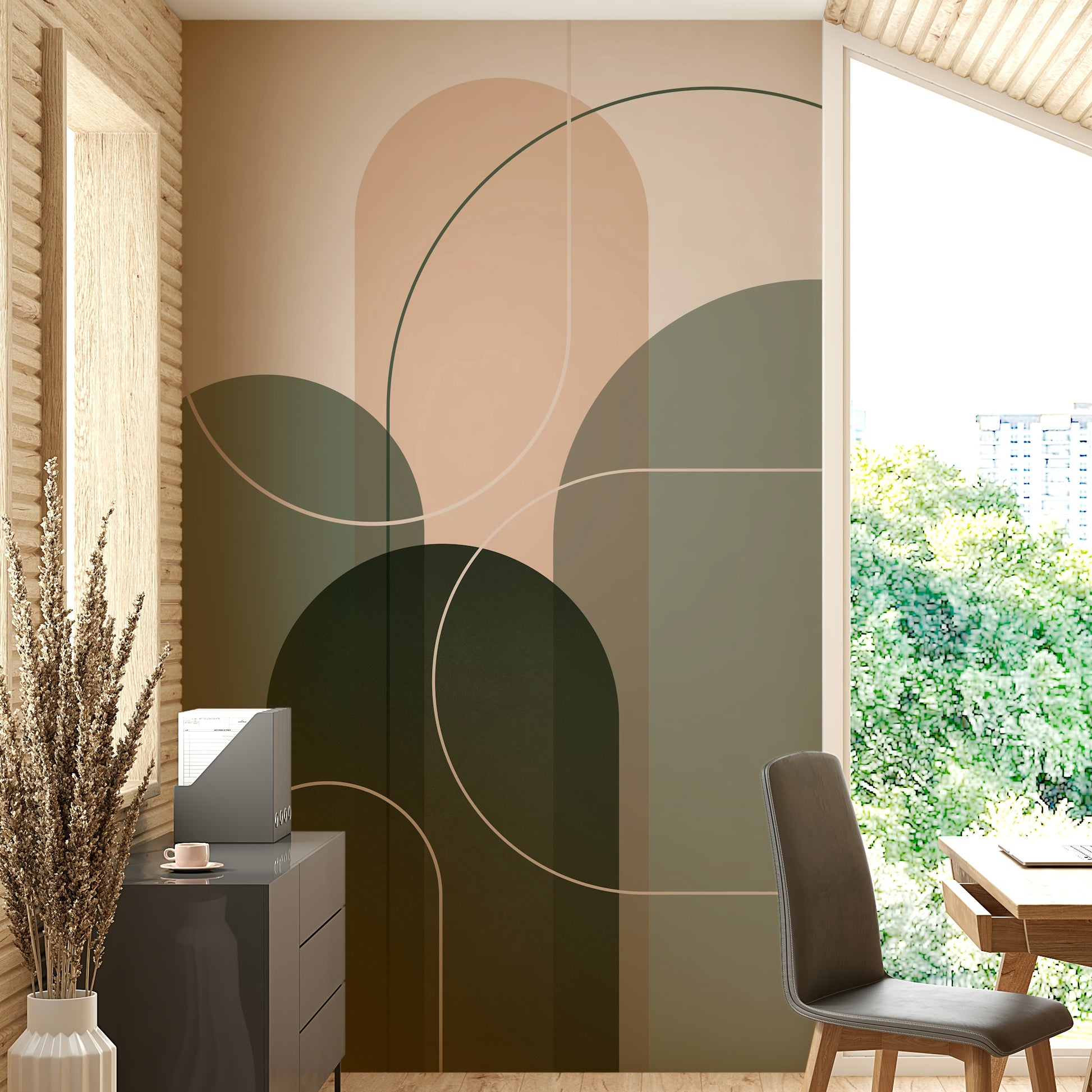 Minimalist room with Sage Green Flow 2 wallpaper

