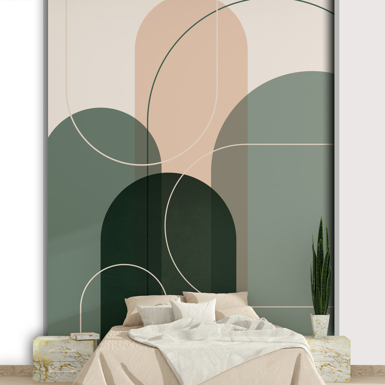 Sage Green Flow 2 mural with soft abstract lines

