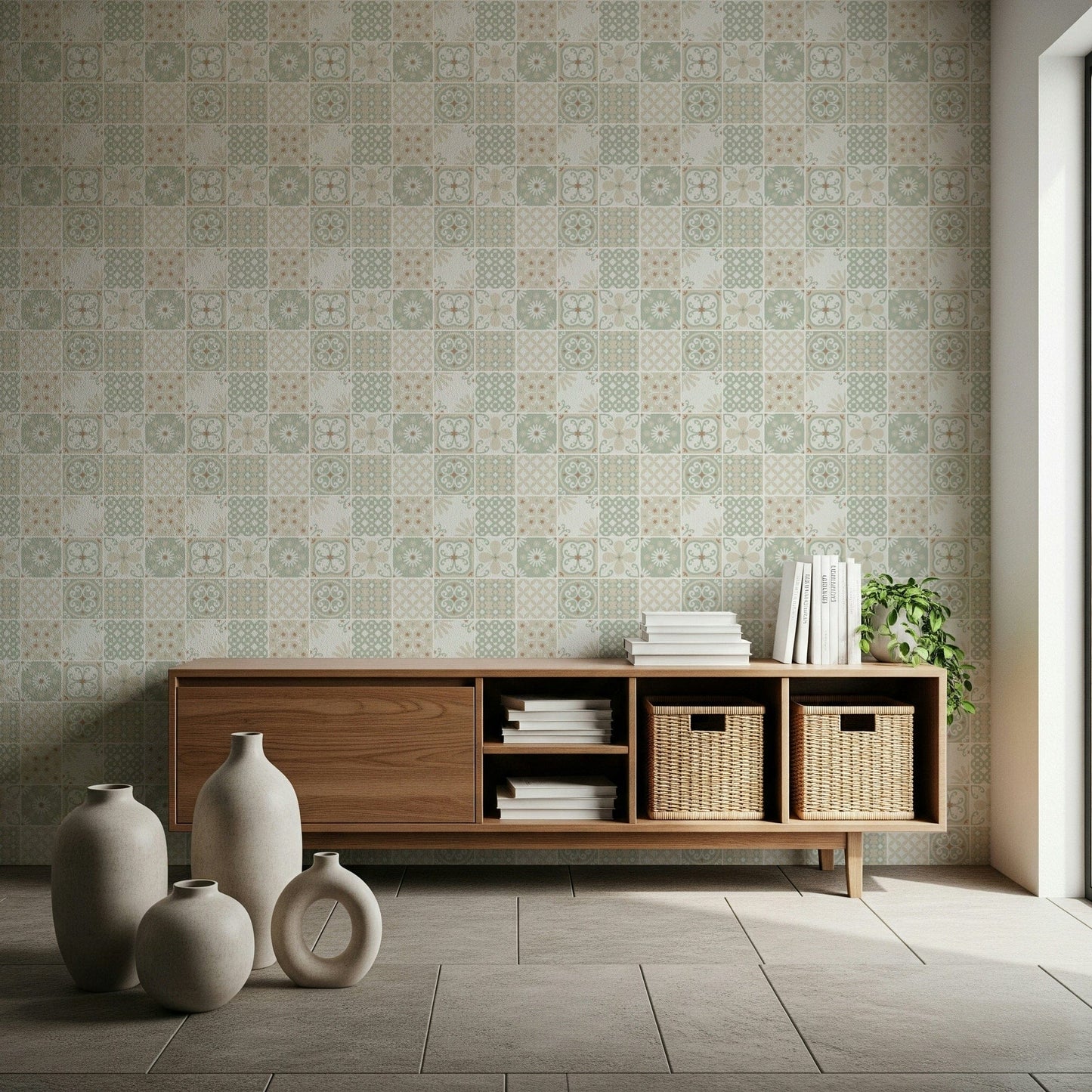 Vintage Folk Tiles ‚Äì Sage Green Wallpaper‚Å†